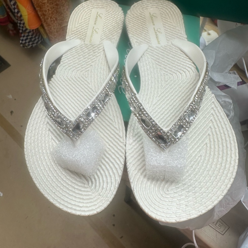 Lauren Lorraine GiGi White Sandals with Silver Rhinestones Size 5